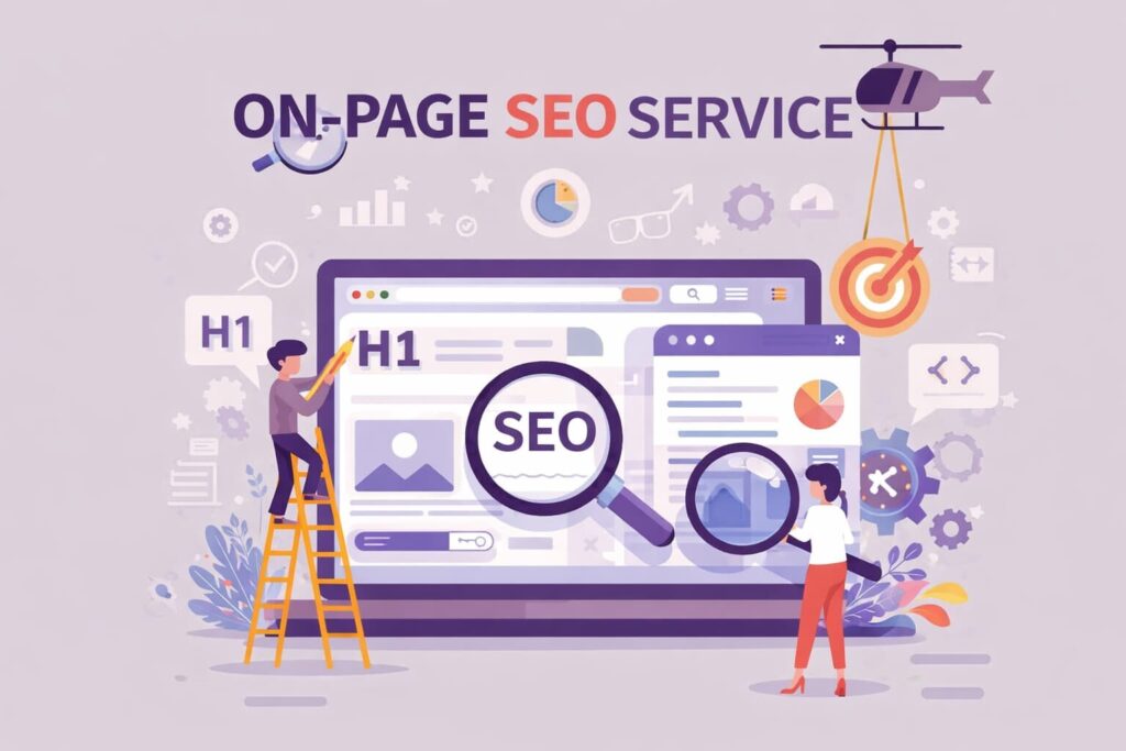Flat illustration of a webpage being optimized with H1 tags, content elements, and SEO checks on a large screen.