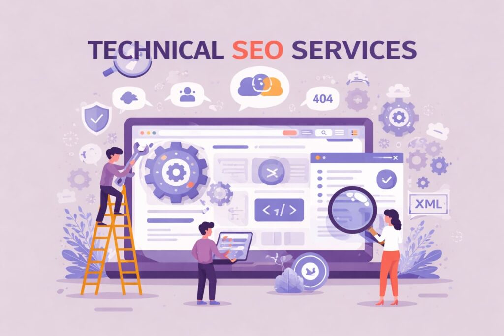 Illustration of developers fixing server, code, and performance issues using tools, gears, and diagnostics on a website.